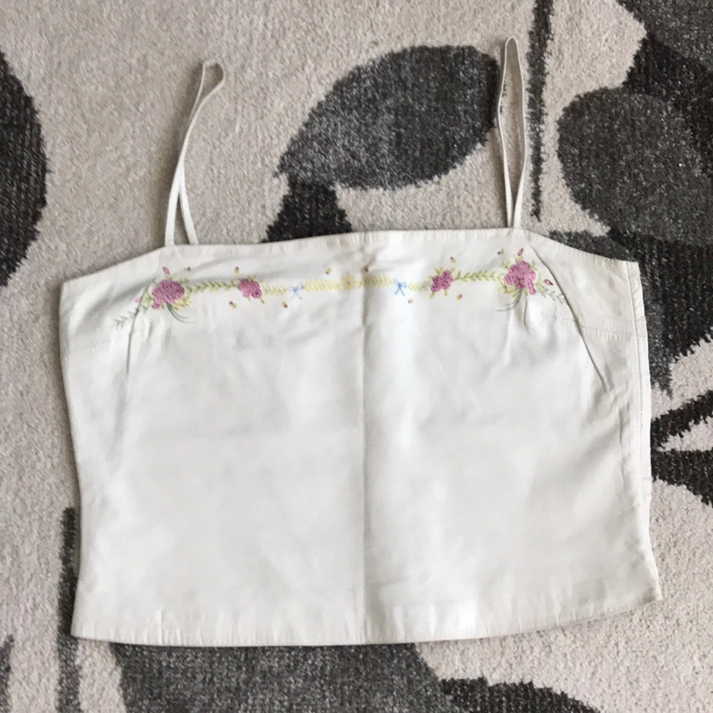 Vintage Ralph Lauren White Cropped leather Camisole with Pink Floral Embroidery